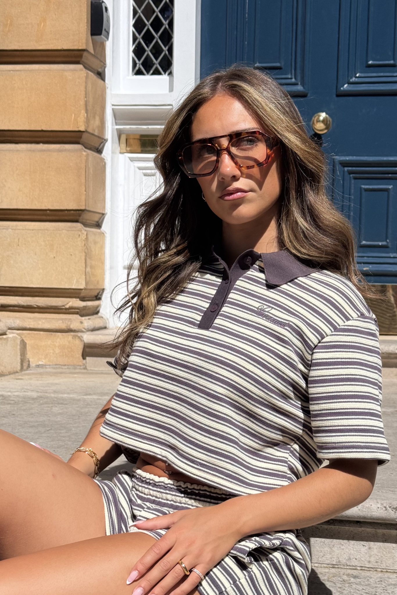 Textured Stripe Short Sleeve Polo - Brown